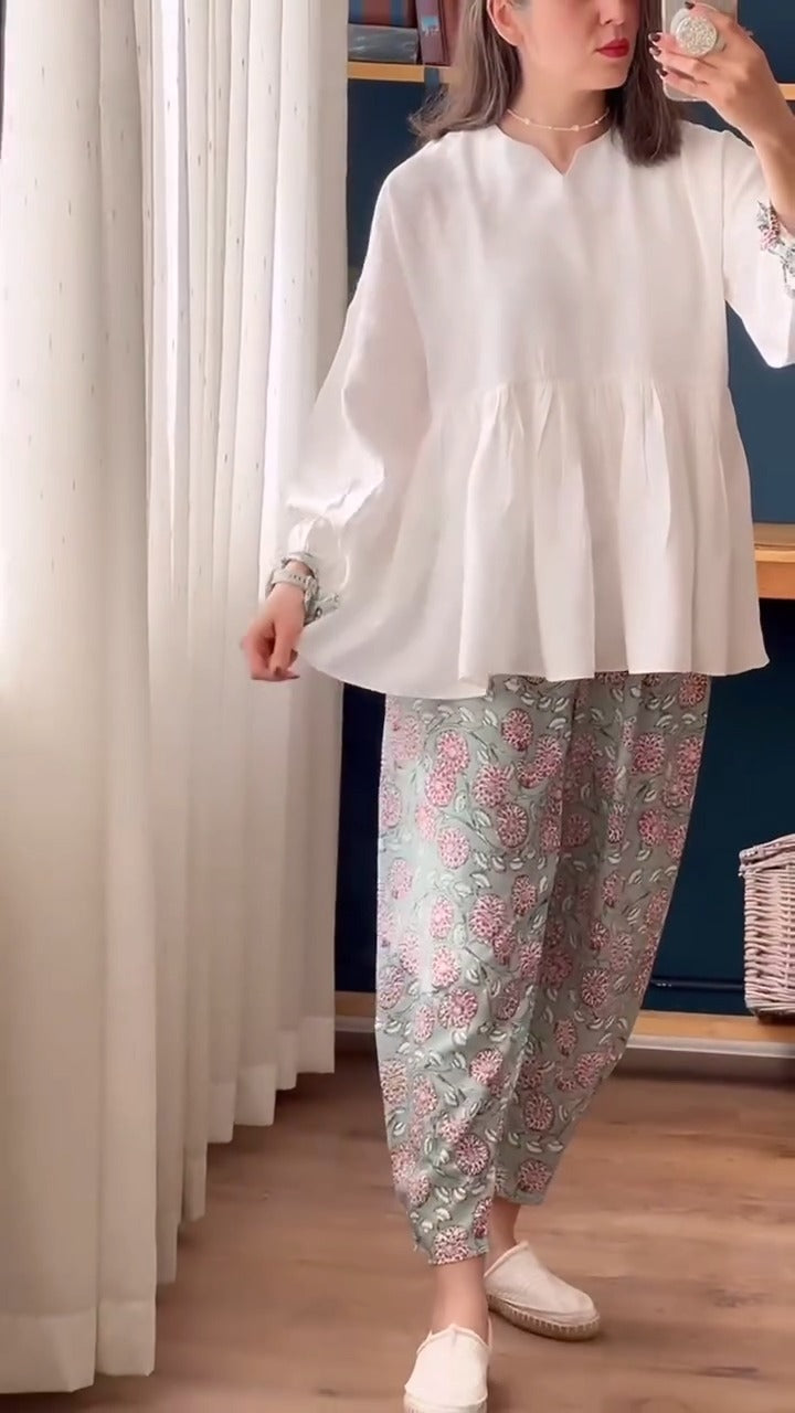 White Peplum Top & Green Floral Printed Salwar Pant Set | Breezy Summer Ethnic Wear for Women