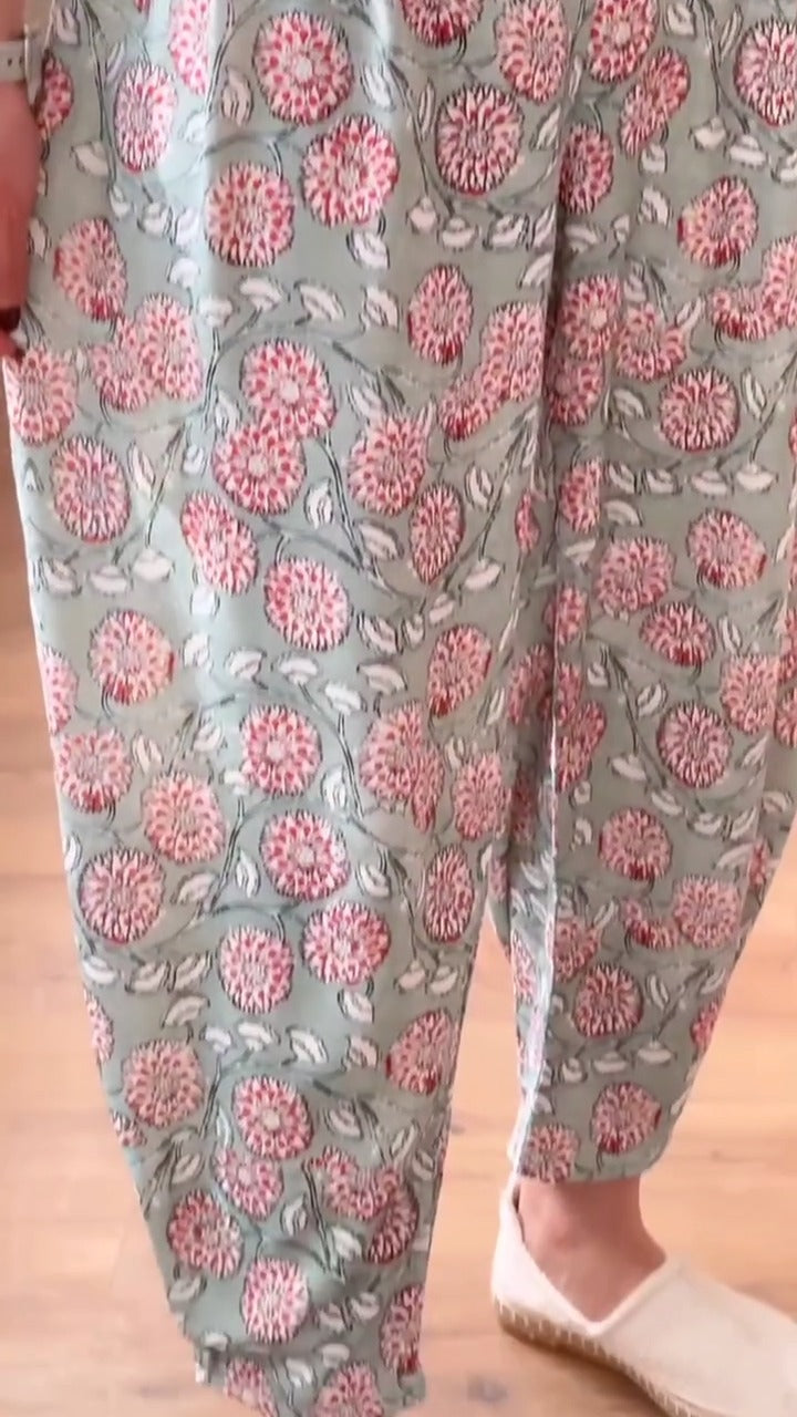 White Peplum Top & Green Floral Printed Salwar Pant Set | Breezy Summer Ethnic Wear for Women