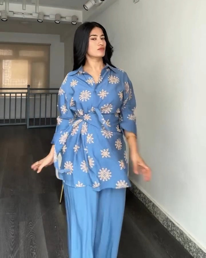 Bloom Belted Co-ord Set for Women | Wrap Shirt & Wide-Leg Pants in Soft Rayon – XS to 5XL