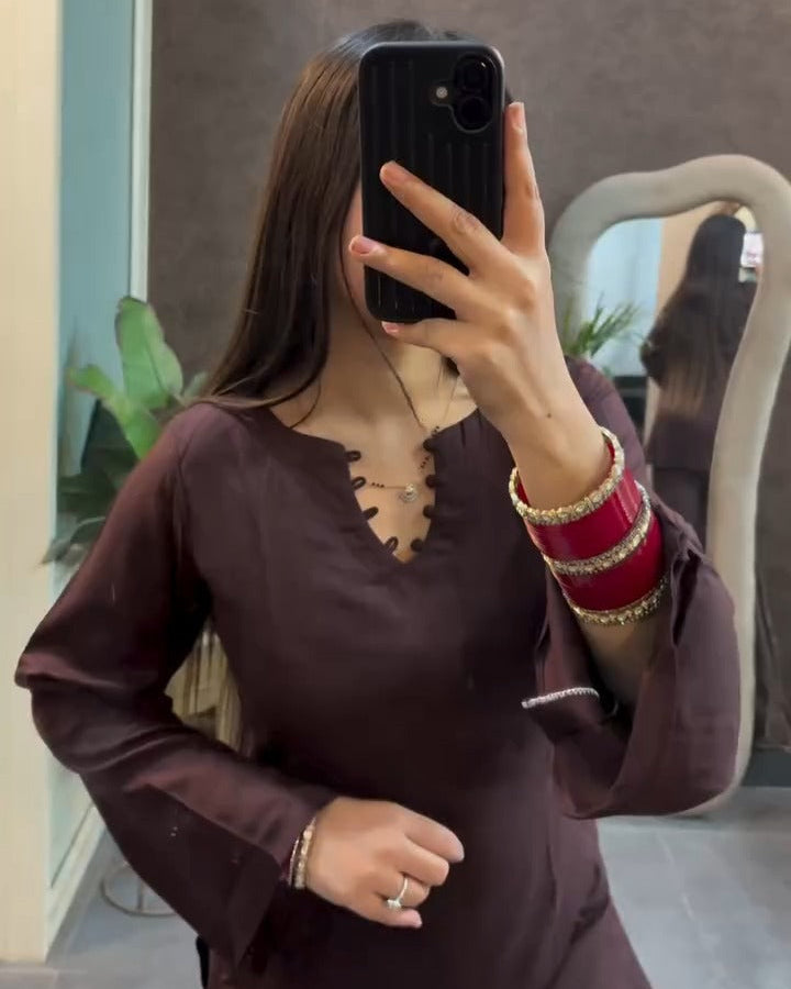 Brown Siya Mul Cotton Co-ord Set | Notched Criss-Cross Neck & Bell Sleeves