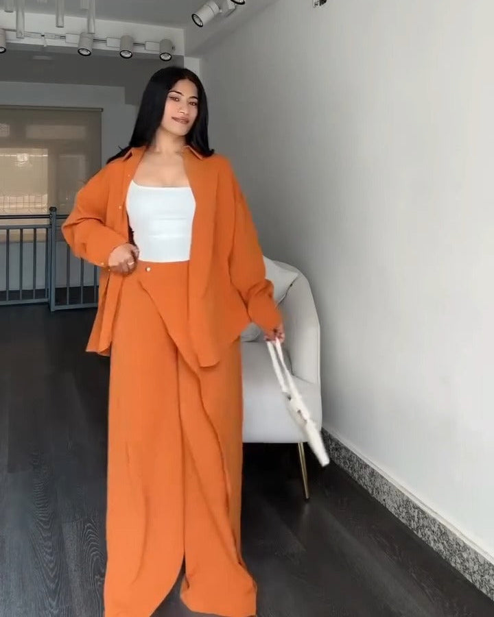 Solid Baggy Co-ord Set for Women | Wrap-Style Slit Palazzo & Top | Fuchsia Pink, Fire Orange, Cream