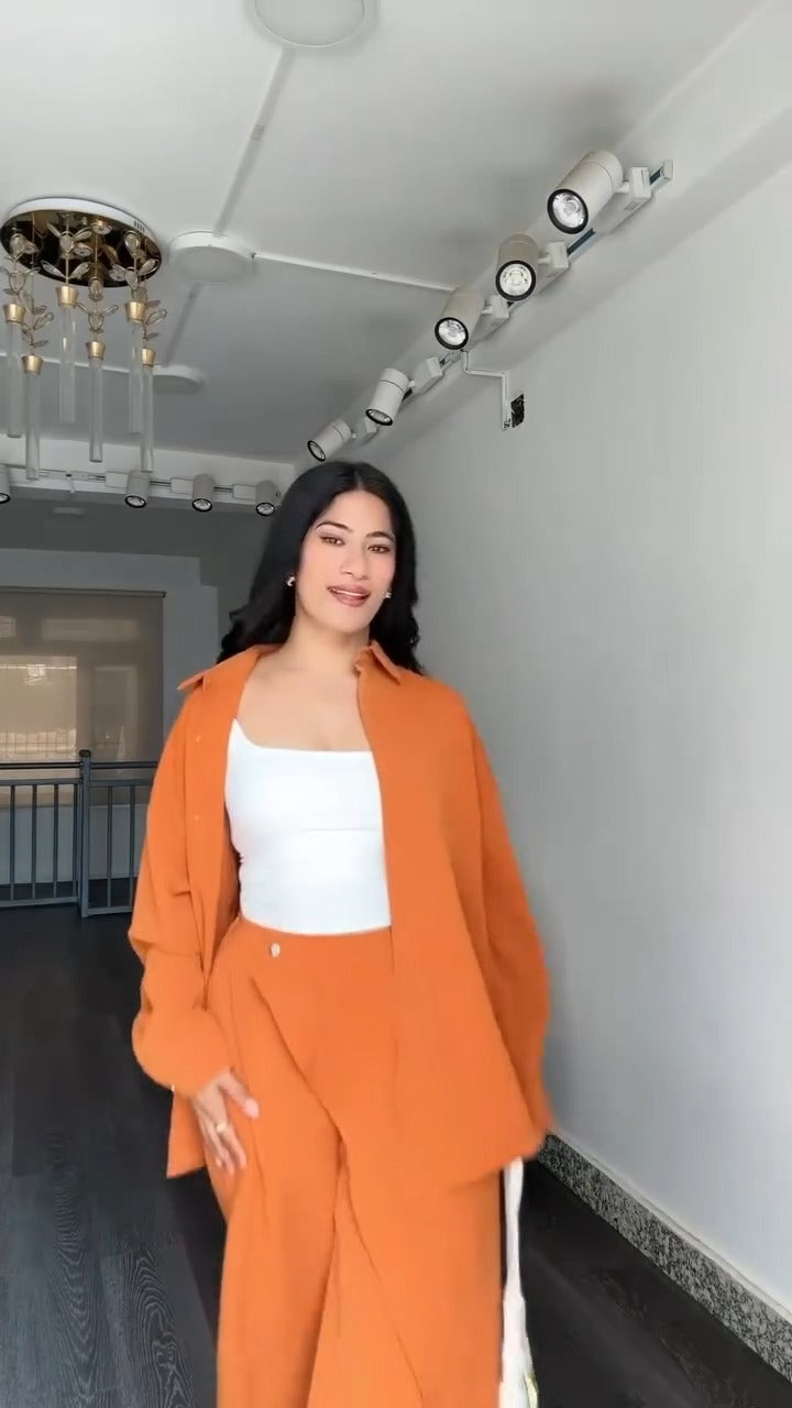 Solid Baggy Co-ord Set for Women | Wrap-Style Slit Palazzo & Top | Fuchsia Pink, Fire Orange, Cream