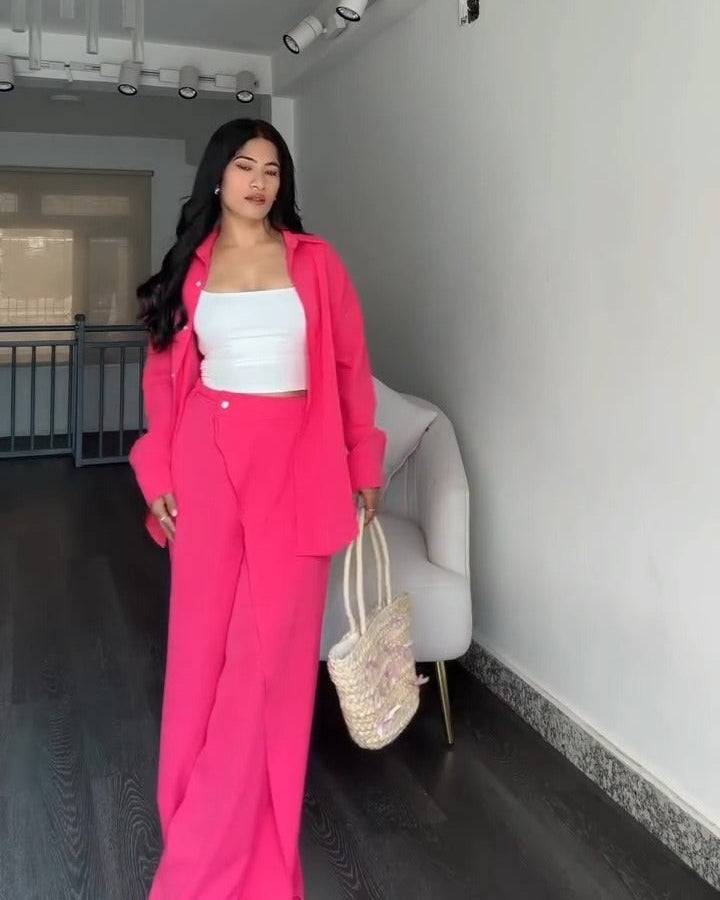 Solid Baggy Co-ord Set for Women | Wrap-Style Slit Palazzo & Top | Fuchsia Pink, Fire Orange, Cream