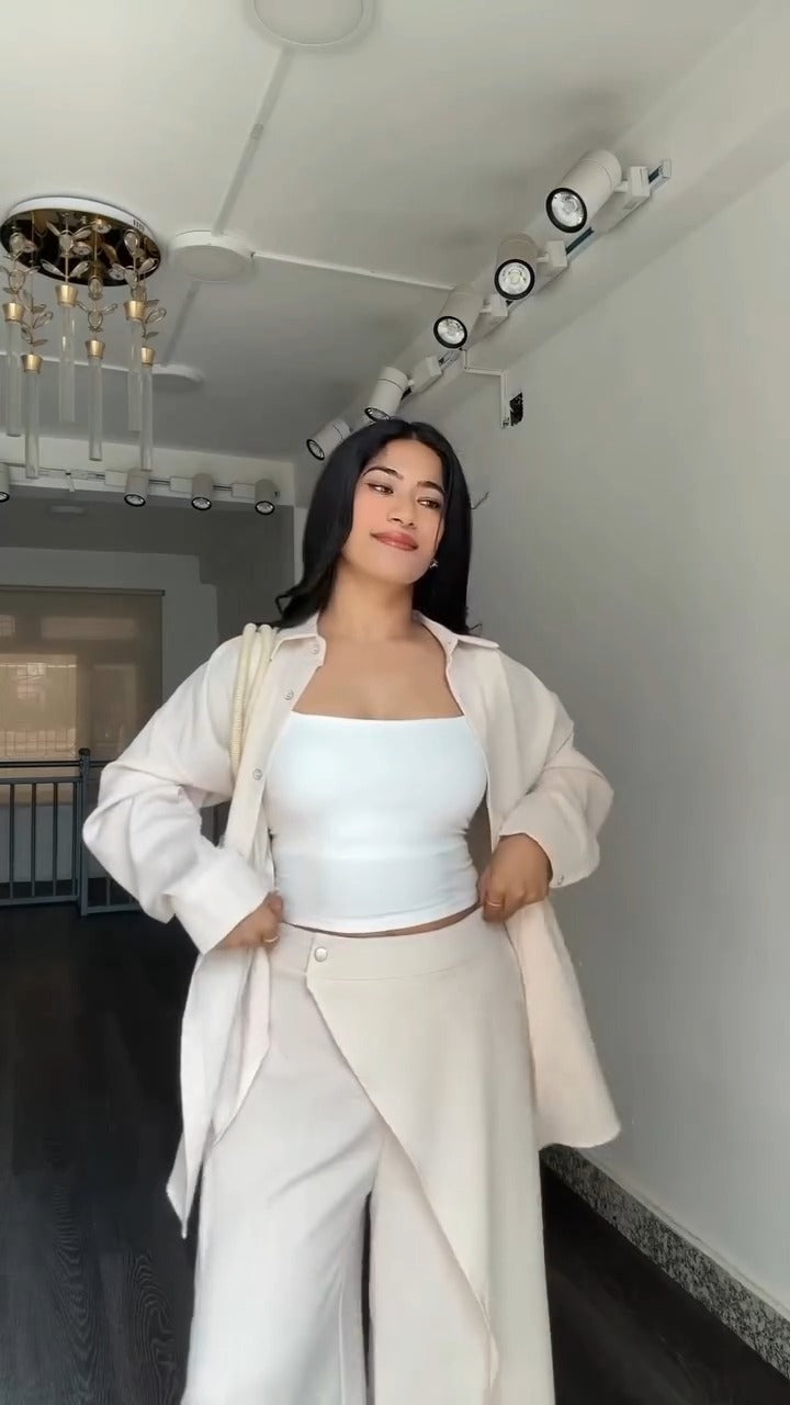 Solid Baggy Co-ord Set for Women | Wrap-Style Slit Palazzo & Top | Fuchsia Pink, Fire Orange, Cream