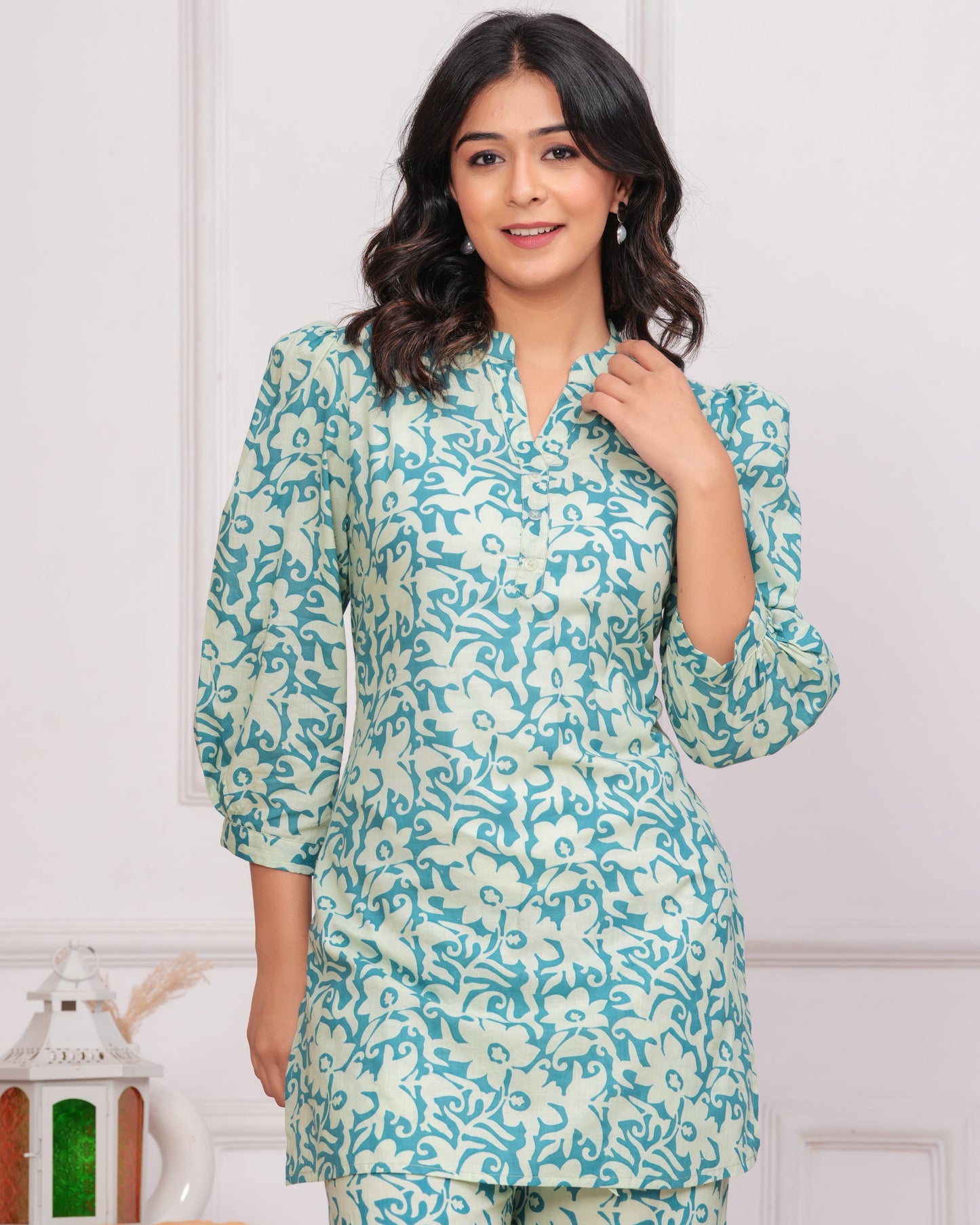 Seal Green Floral Cotton Co-ord Set for Women | Summer Office & College Wear