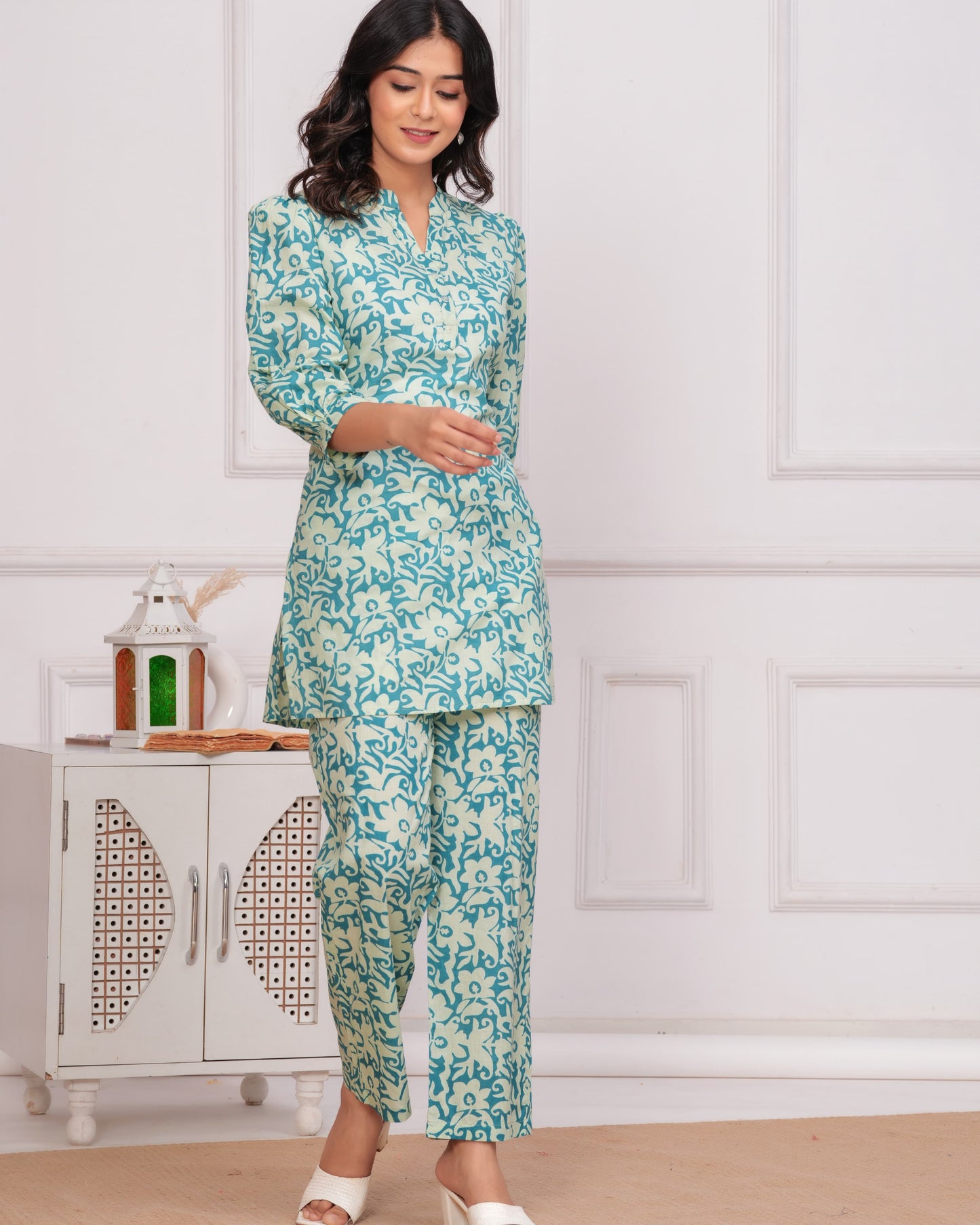 Seal Green Floral Cotton Co-ord Set for Women | Summer Office & College Wear