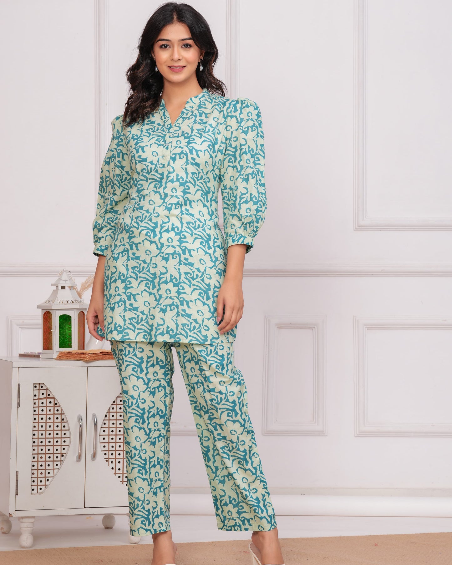 Seal Green Floral Cotton Co-ord Set for Women | Summer Office & College Wear