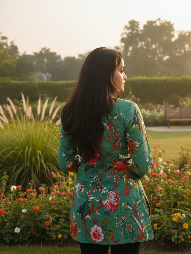 Woman in a floral coat standing in a park with flowers and trees in the background