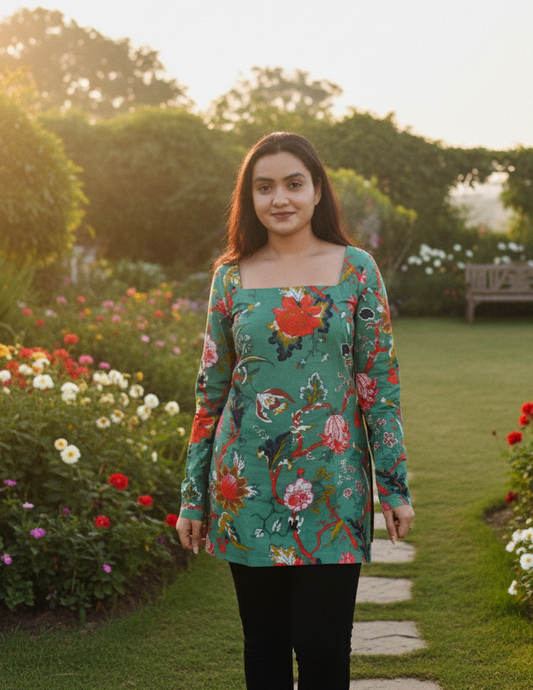 Woman in a floral dress standing in a garden with flowers and greenery.