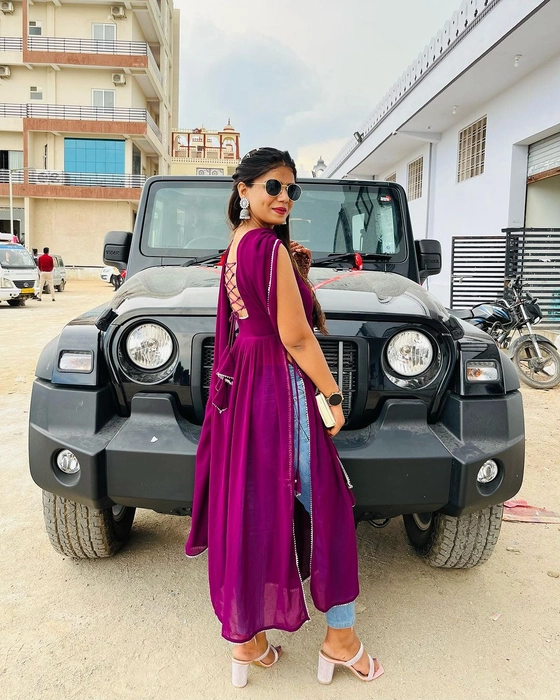 Stylish Wine Georgette Naira Cut Kurta with Dupatta - Vastramaniaa