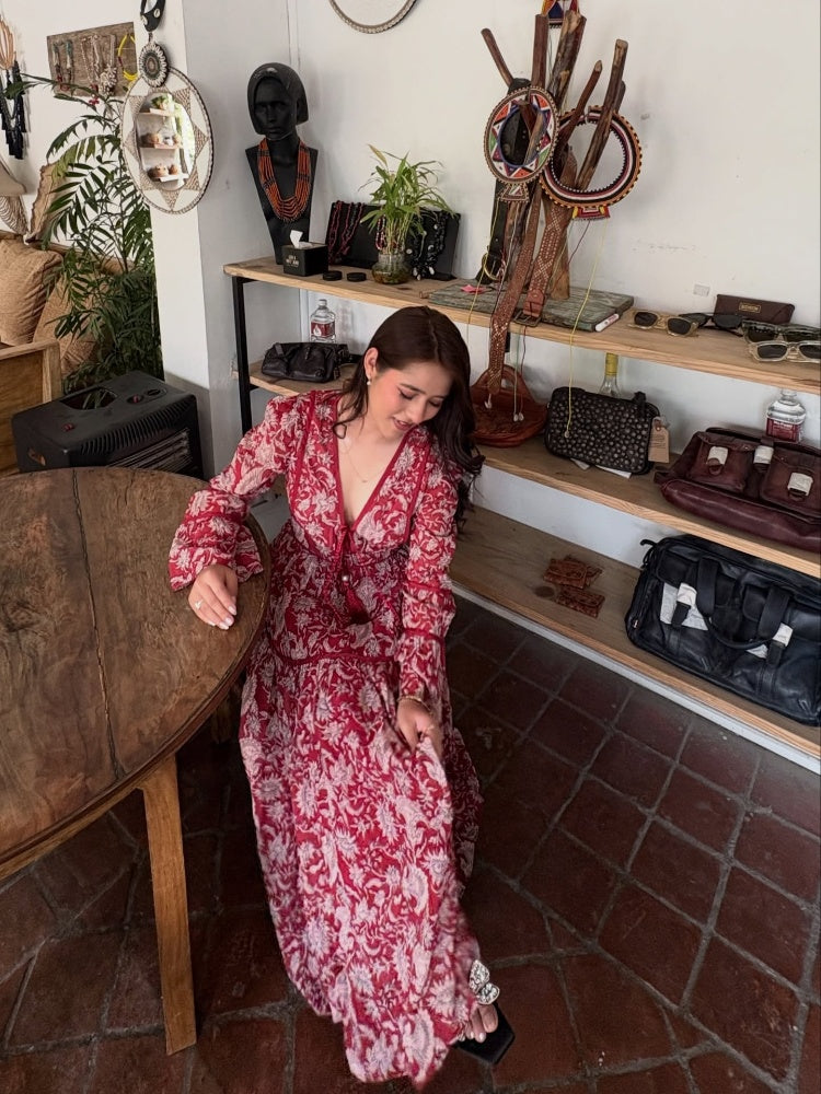 Floral Cotton Mul Maxi Sundress with Traditional Bird Motifs & Bell Sleeves