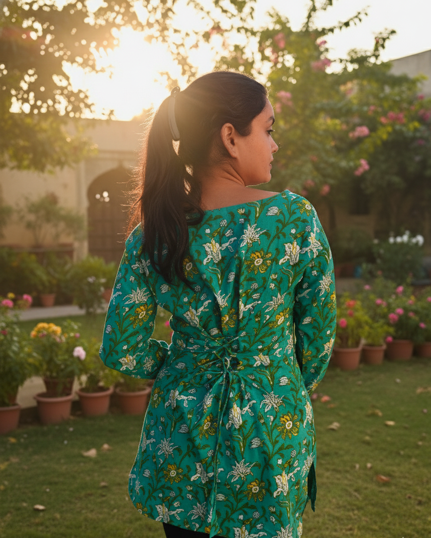 Woman wearing a floral dress standing in a garden with sunset light