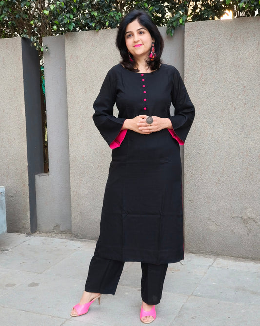 Black 3/4th Sleeve Kurta Pant Set, sized XS to 5XL
