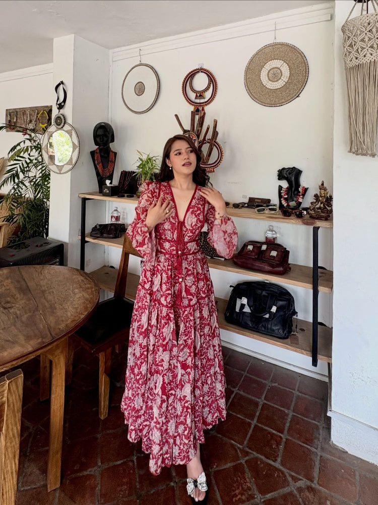 Floral Cotton Mul Maxi Sundress with Traditional Bird Motifs & Bell Sleeves
