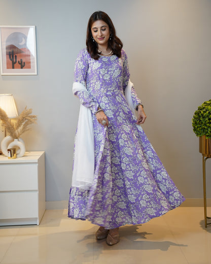 Vastramaniaa Violet Floral Rayon Anarkali Kurta Palazzo Dupatta Set