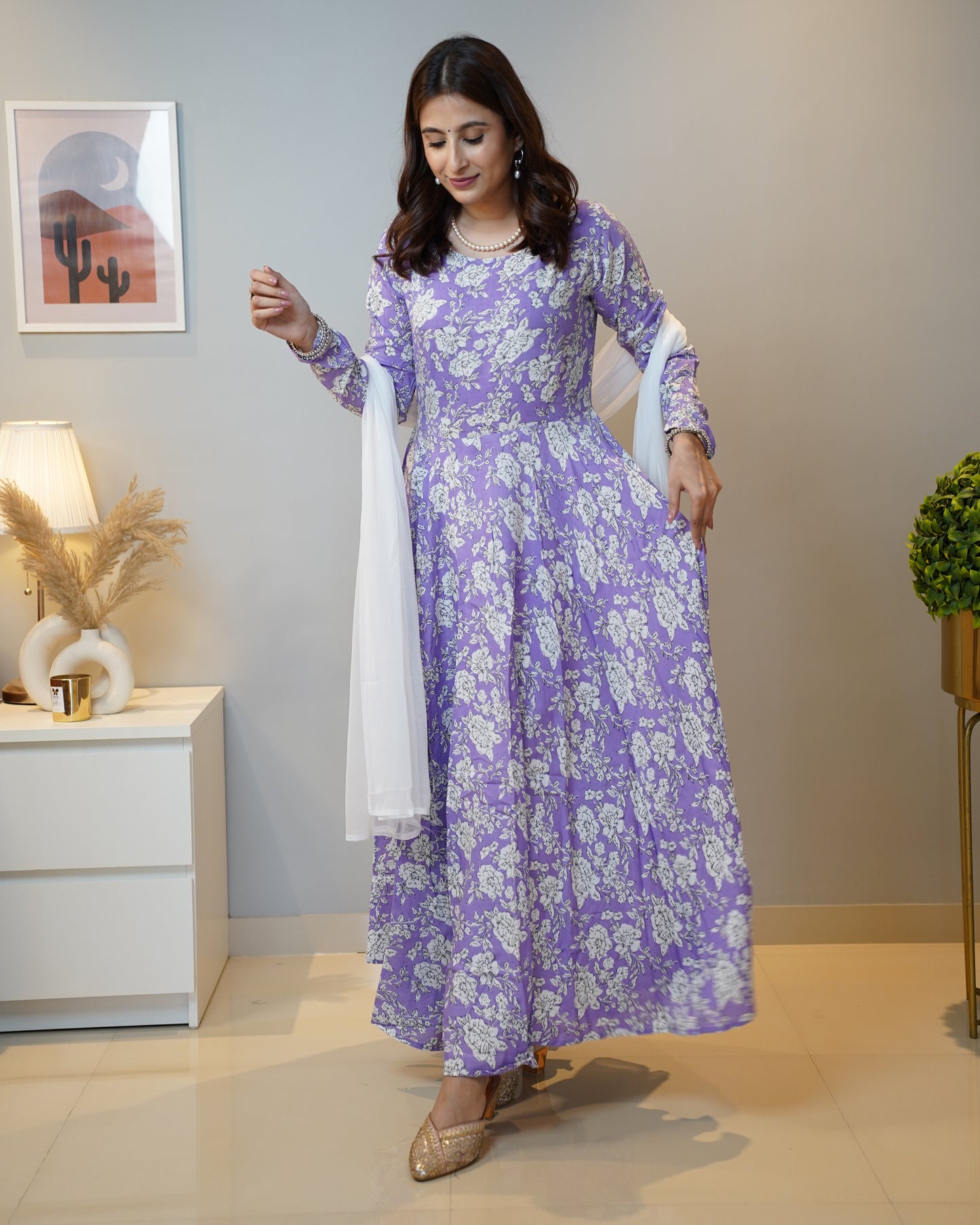 Vastramaniaa Violet Floral Rayon Anarkali Kurta Palazzo Dupatta Set