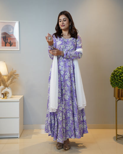 Vastramaniaa Violet Floral Rayon Anarkali Kurta Palazzo Dupatta Set