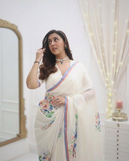 Elegant White Floral Print Saree with Pastel Border & Unstitched Blouse