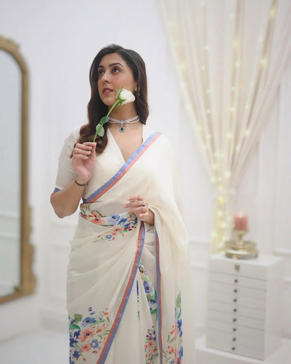 Elegant White Floral Print Saree with Pastel Border & Unstitched Blouse