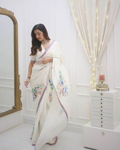 Elegant White Floral Print Saree with Pastel Border & Unstitched Blouse