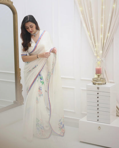 Elegant White Floral Print Saree with Pastel Border & Unstitched Blouse