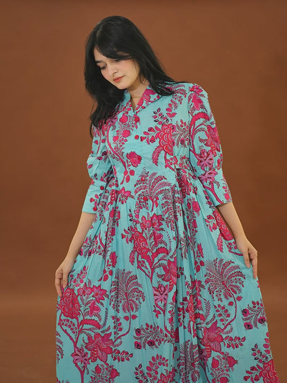 Azure Charm Floral Cotton Maxi Dress 🌸