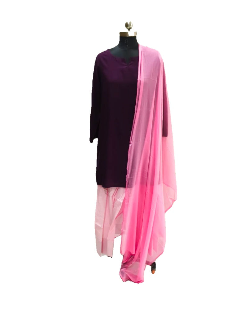 Wine Solid Rayon Short Kurta Set with Contrast Blush Pink Farshi Salwar & Dupatta