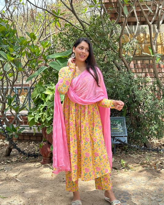 Summer Yellow Cotton Suit Set for Women | Kurta & Pant Set | Elegant Ethnic Wear