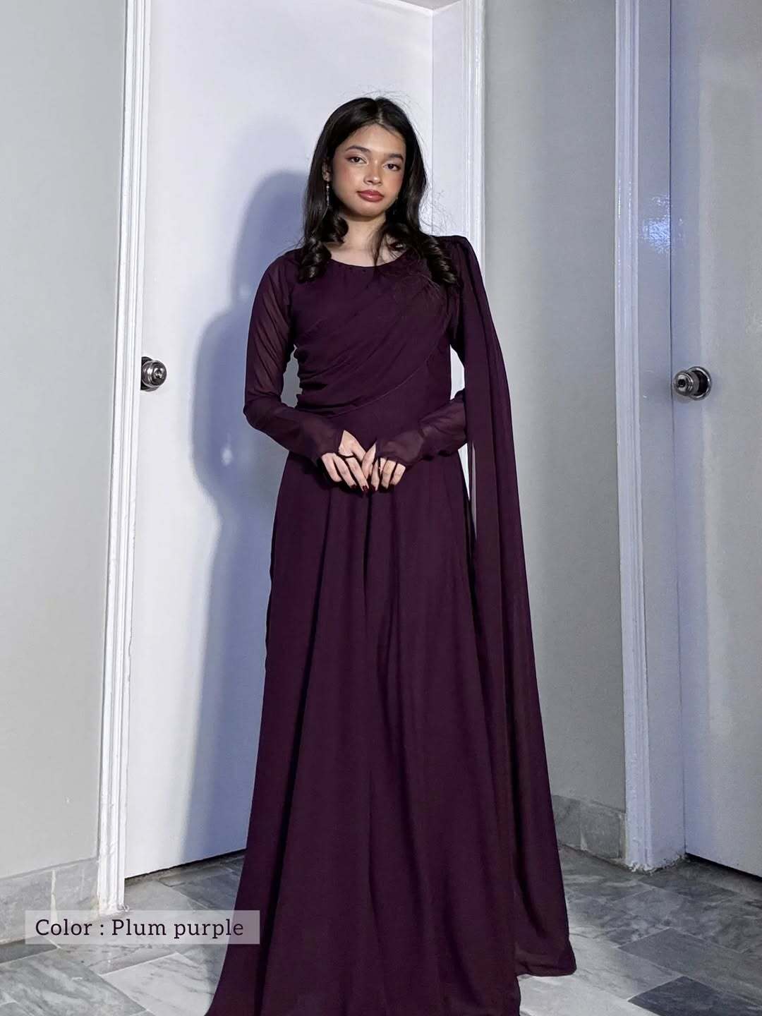 Wine Crystal Georgette Maxi Dress | Hand-Embellished Sparkle