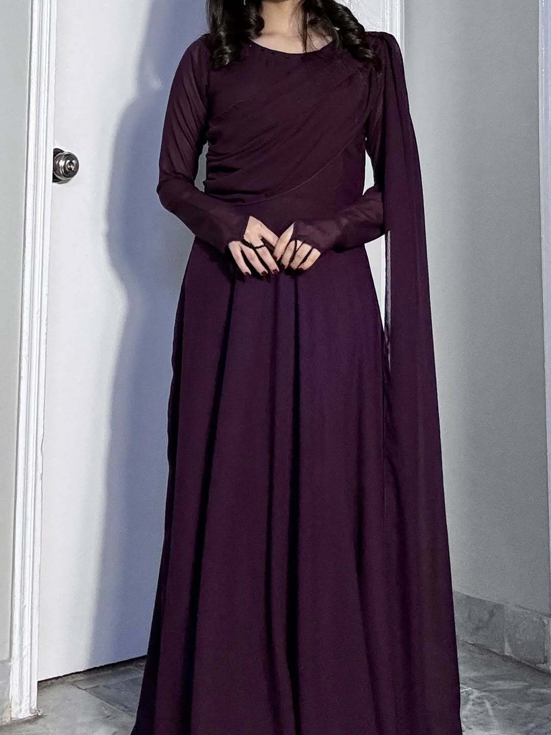 Wine Crystal Georgette Maxi Dress | Hand-Embellished Sparkle