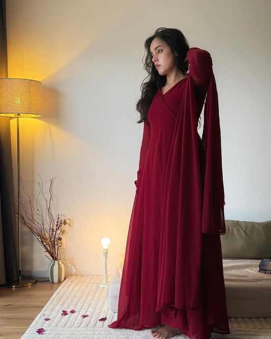 Maroon Angrakha Anarkali Set | Festive Georgette | XS–5XL