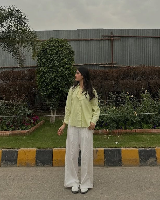 Lime Mist Pure Cotton Button-Down Shirt with Tailored White Wide-Leg Pants