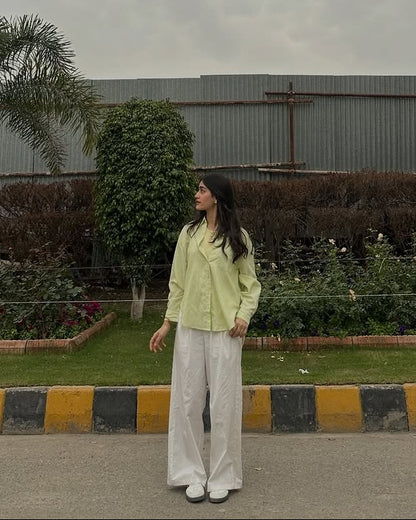 Lime Mist Pure Cotton Button-Down Shirt with Tailored White Wide-Leg Pants