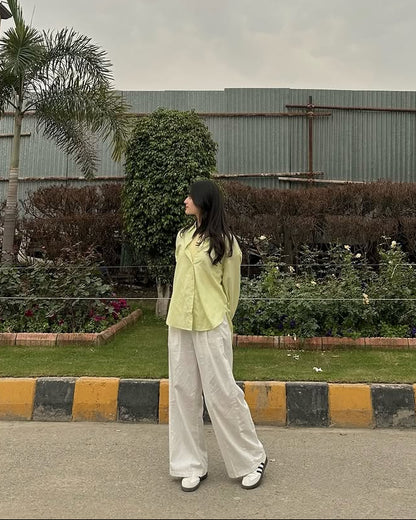Lime Mist Pure Cotton Button-Down Shirt with Tailored White Wide-Leg Pants