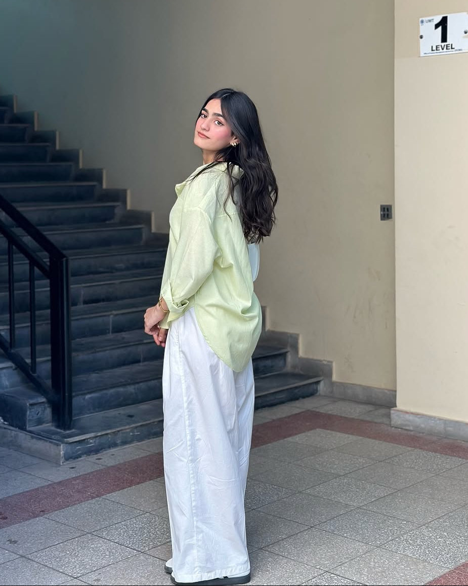 Lime Mist Pure Cotton Button-Down Shirt with Tailored White Wide-Leg Pants