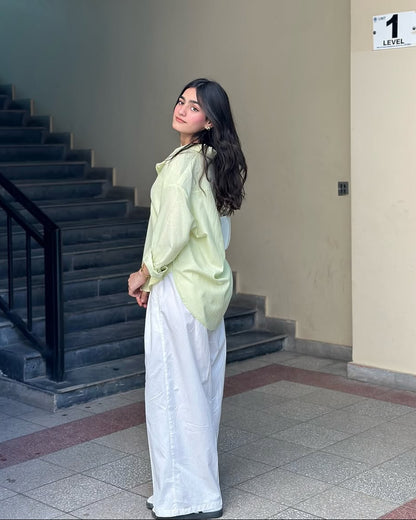 Lime Mist Pure Cotton Button-Down Shirt with Tailored White Wide-Leg Pants