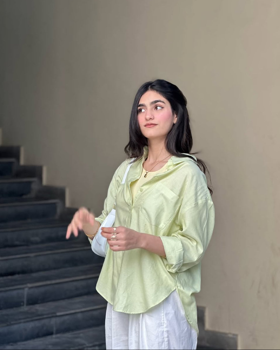 Lime Mist Pure Cotton Button-Down Shirt with Tailored White Wide-Leg Pants