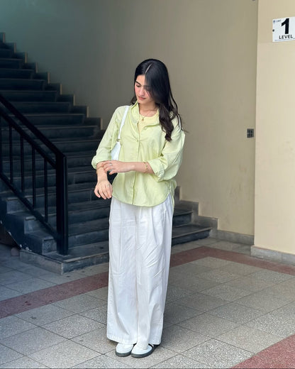 Lime Mist Pure Cotton Button-Down Shirt with Tailored White Wide-Leg Pants