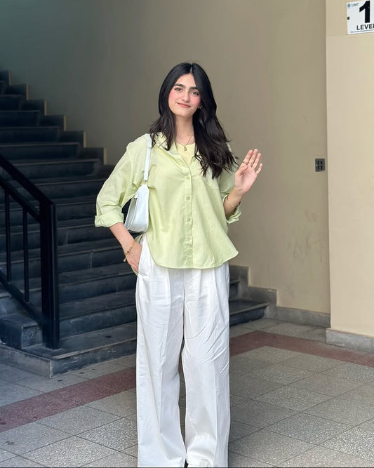 Lime Mist Pure Cotton Button-Down Shirt with Tailored White Wide-Leg Pants