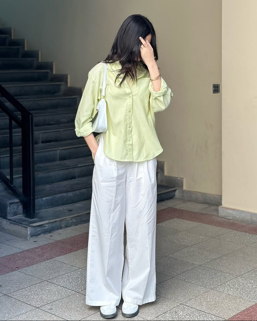 Lime Mist Pure Cotton Button-Down Shirt with Tailored White Wide-Leg Pants