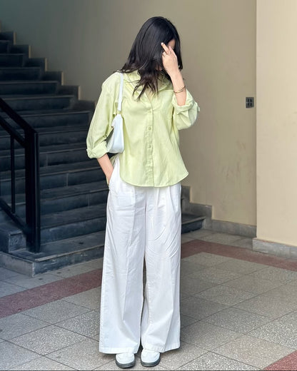 Lime Mist Pure Cotton Button-Down Shirt with Tailored White Wide-Leg Pants
