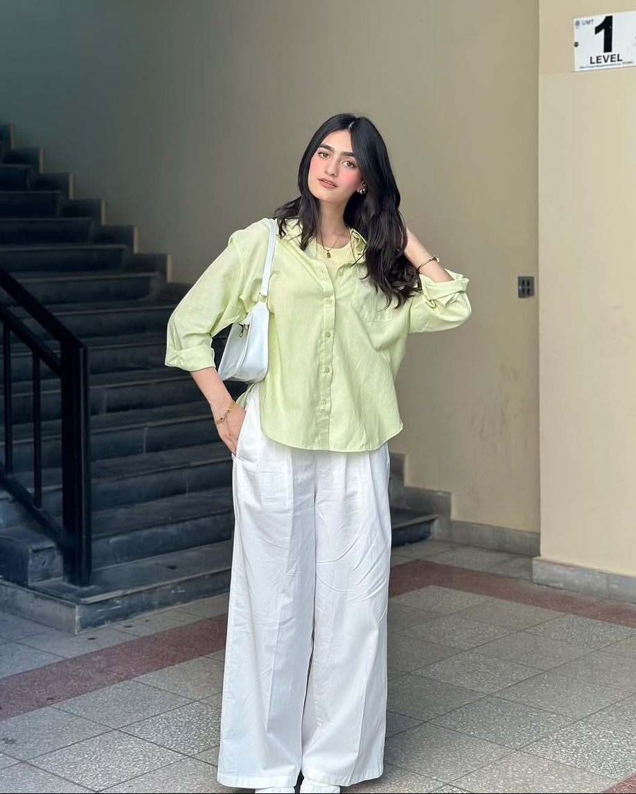 Lime Mist Pure Cotton Button-Down Shirt with Tailored White Wide-Leg Pants