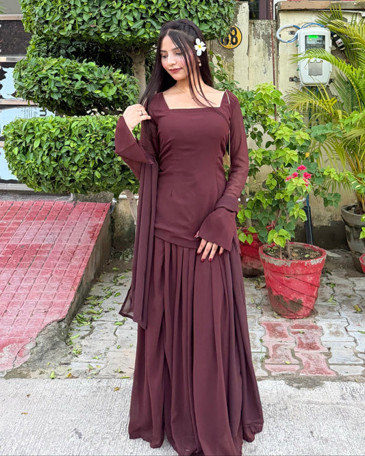A woman wearing a long-sleeved maroon maxi dress with a matching dupatta, standing outdoors in front of a wall with potted plants.