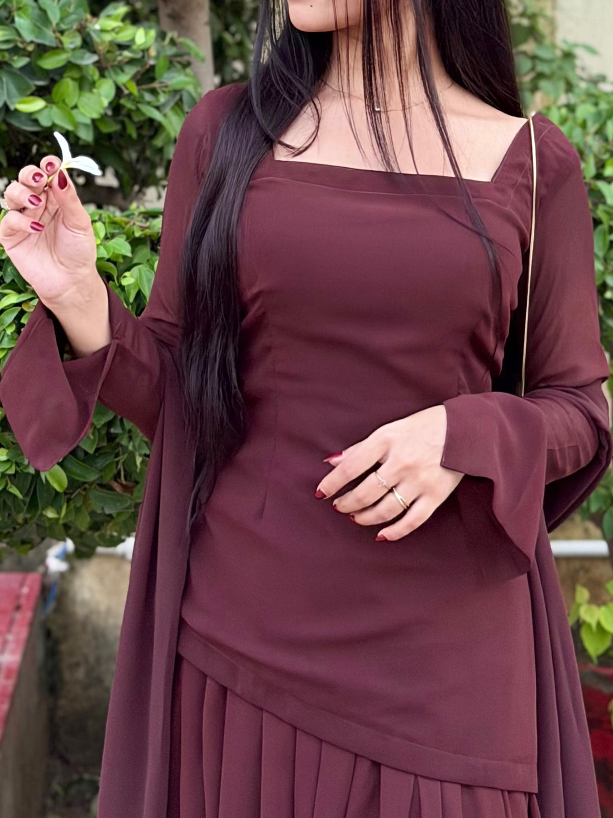Brown Georgette Corset Top & Skirt Set | Asymmetric | XS–5XL