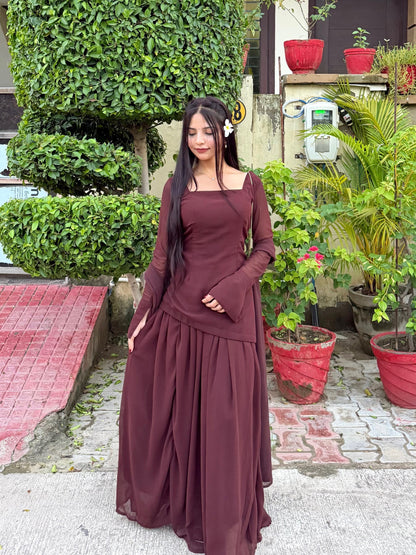 Brown Georgette Corset Top & Skirt Set | Asymmetric | XS–5XL