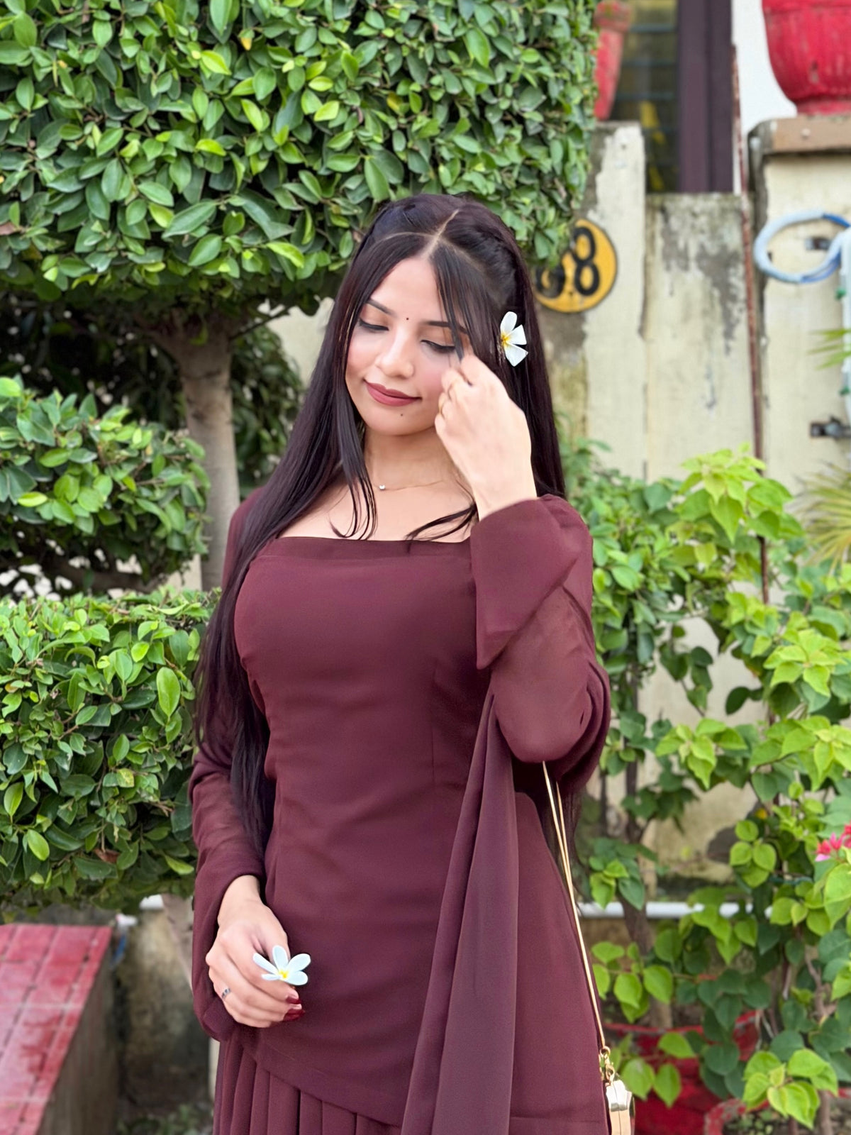 Brown Georgette Corset Top & Skirt Set | Asymmetric | XS–5XL