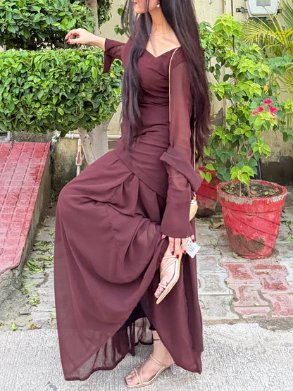 Brown Georgette Corset Top & Skirt Set | Asymmetric | XS–5XL