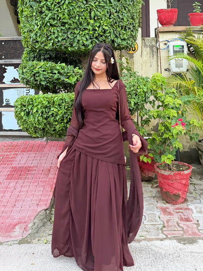 Brown Georgette Corset Top & Skirt Set | Asymmetric | XS–5XL