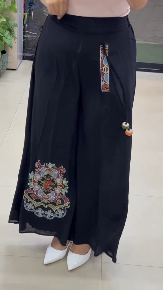 Embroidered Georgette Palazzo Pants with Placement Hem Patch & Drawstring Tassels