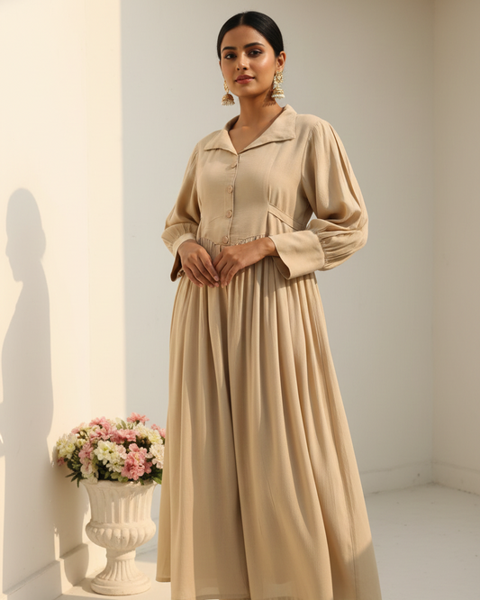 Minimalist Beige Rayon Crepe Maxi Dress with Shirt Collar